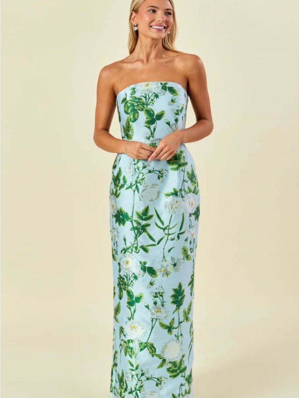 Hannah Strapless Floral Jacquard Column Dress in Light Blue and Green